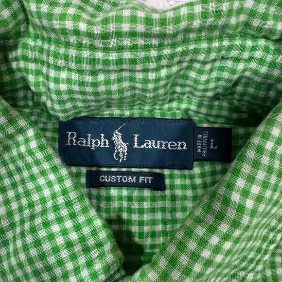 Ralph Lauren Shirt Mens Large Custom Green White Gingham Cotton Gauze Preppy - Picture 6 of 6